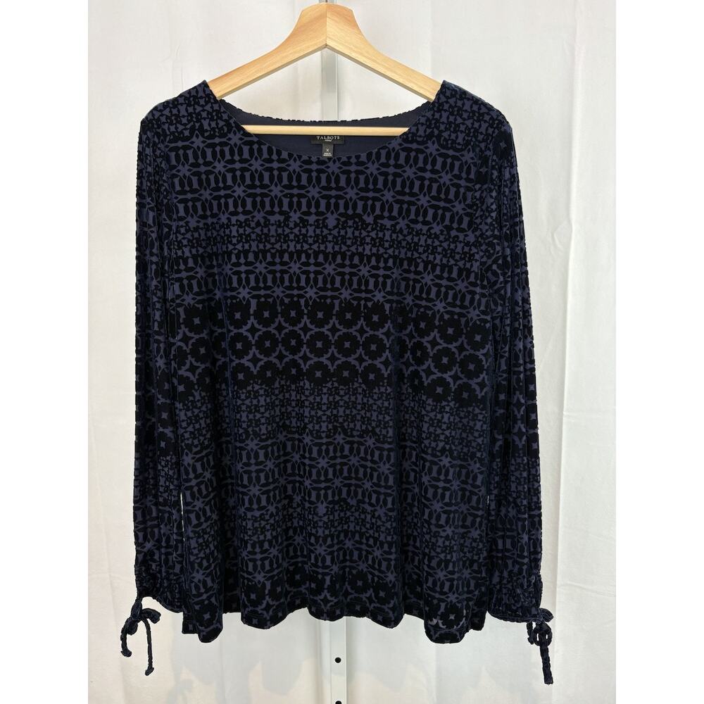 TALBOTS Velvet Burnout Top Shirt Size 0X X Plus  Long Sleeve Tie Cuff Navy Blue